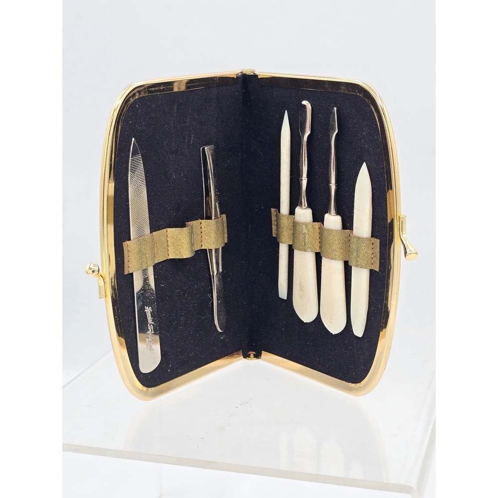 Vintage Austrian Manicure Set Womens OS Gold Patterned Leather 6pc Kit - Good